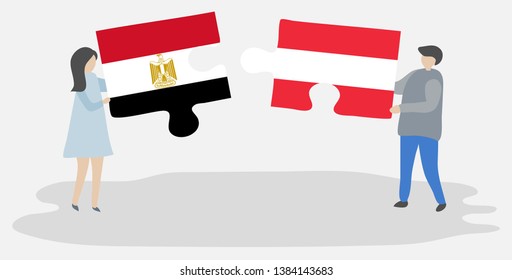 Couple holding two puzzles pieces with Egyptian and Austrian flags. Egypt and Austria national symbols together.