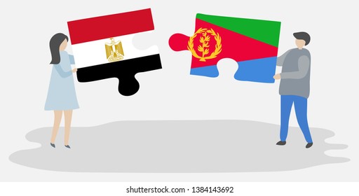 Couple holding two puzzles pieces with Egyptian and Eritrean flags. Egypt and Eritrea national symbols together.