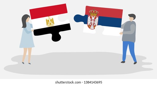 Couple holding two puzzles pieces with Egyptian and Serbian flags. Egypt and Serbia national symbols together.
