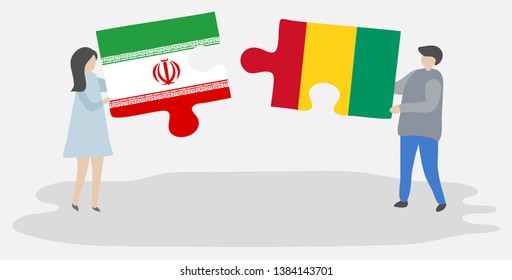Couple holding two puzzles pieces with Iranian and Guinean flags. Iran and Guinea national symbols together.