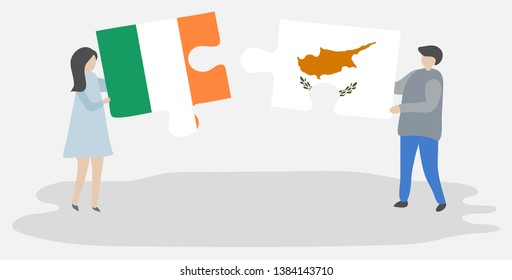 Couple holding two puzzles pieces with Irish and Cypriot flags. Ireland and Cyprus national symbols together.