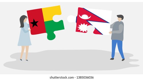 Couple holding two puzzles pieces with Bissau-Guinean and Nepalese flags. Guinea-Bissau and Nepal national symbols together.