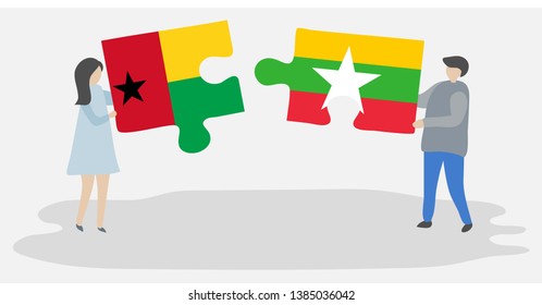 Couple holding two puzzles pieces with Bissau-Guinean and Burmese flags. Guinea-Bissau and Myanmar national symbols together.