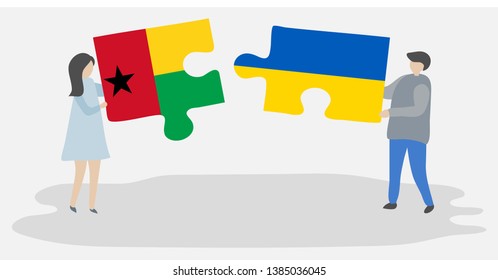 Couple holding two puzzles pieces with Bissau-Guinean and Ukrainian flags. Guinea-Bissau and Ukraine national symbols together.