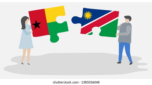 Couple holding two puzzles pieces with Bissau-Guinean and Namibian flags. Guinea-Bissau and Namibia national symbols together.