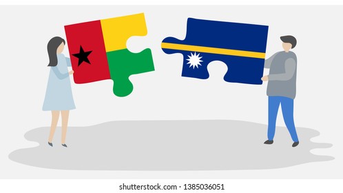 Couple holding two puzzles pieces with Bissau-Guinean and Nauruan flags. Guinea-Bissau and Nauru national symbols together.