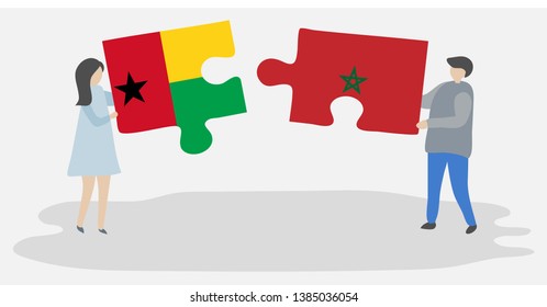 Couple holding two puzzles pieces with Bissau-Guinean and Moroccan flags. Guinea-Bissau and Morocco national symbols together.