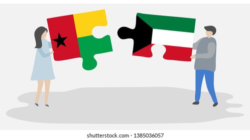 Couple holding two puzzles pieces with Bissau-Guinean and Kuwaiti flags. Guinea-Bissau and Kuwait national symbols together.
