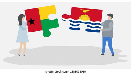 Couple holding two puzzles pieces with Bissau-Guinean and I-Kiribati flags. Guinea-Bissau and Kiribati national symbols together.