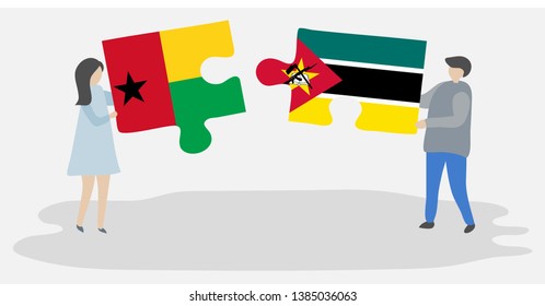 Couple holding two puzzles pieces with Bissau-Guinean and Mozambican flags. Guinea-Bissau and Mozambique national symbols together.