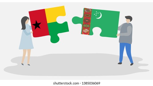 Couple holding two puzzles pieces with Bissau-Guinean and Turkmen flags. Guinea-Bissau and Turkmenistan national symbols together.
