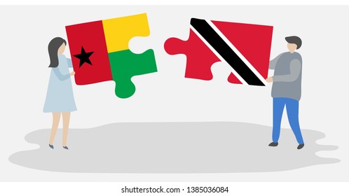 Couple holding two puzzles pieces with Bissau-Guinean and Trinidadian flags. Guinea-Bissau and Trinidad and Tobago national symbols together.