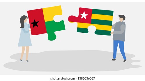 Couple holding two puzzles pieces with Bissau-Guinean and Togolese flags. Guinea-Bissau and Togo national symbols together.