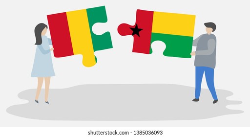 Couple holding two puzzles pieces with Guinean and Bissau-Guinean flags. Guinea and Guinea-Bissau national symbols together.