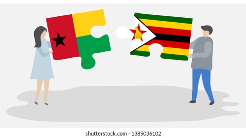 Couple holding two puzzles pieces with Bissau-Guinean and Zimbabwean flags. Guinea-Bissau and Zimbabwe national symbols together.