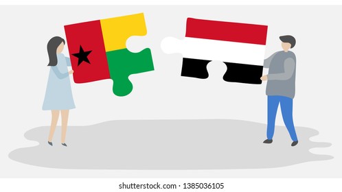 Couple holding two puzzles pieces with Bissau-Guinean and Yemeni flags. Guinea-Bissau and Yemen national symbols together.