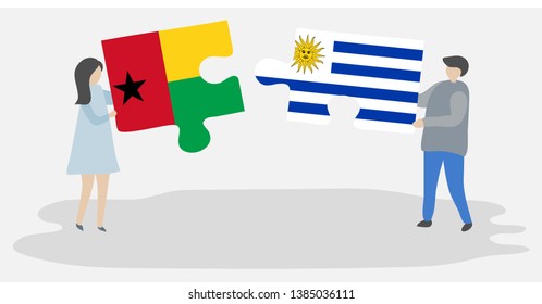 Couple holding two puzzles pieces with Bissau-Guinean and Uruguayan flags. Guinea-Bissau and Uruguay national symbols together.