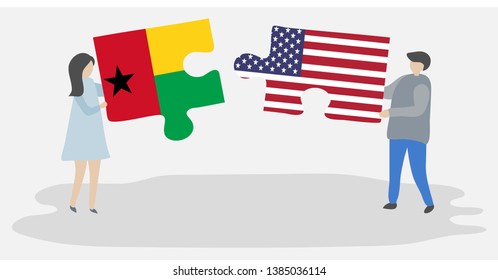 Couple holding two puzzles pieces with Bissau-Guinean and American flags. Guinea-Bissau and United States of America national symbols together.
