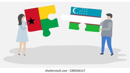 Couple holding two puzzles pieces with Bissau-Guinean and Uzbek flags. Guinea-Bissau and Uzbekistan national symbols together.