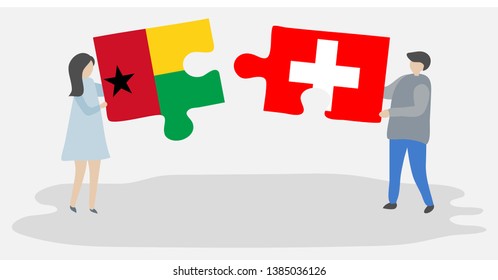 Couple holding two puzzles pieces with Bissau-Guinean and Swiss flags. Guinea-Bissau and Switzerland national symbols together.