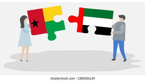 Couple holding two puzzles pieces with Bissau-Guinean and Emirian flags. Guinea-Bissau and United Arab Emirates national symbols together.