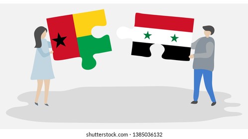Couple holding two puzzles pieces with Bissau-Guinean and Syrian flags. Guinea-Bissau and Syria national symbols together.