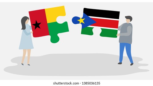 Couple holding two puzzles pieces with Bissau-Guinean and South Sudanese flags. Guinea-Bissau and South Sudan national symbols together.