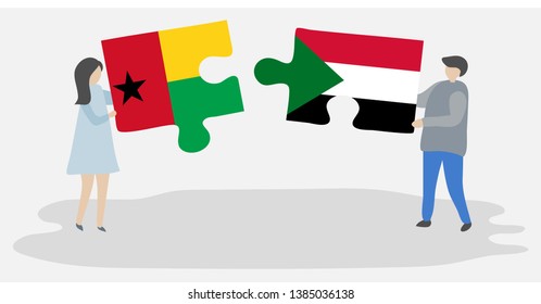 Couple holding two puzzles pieces with Bissau-Guinean and Sudanese flags. Guinea-Bissau and Sudan national symbols together.