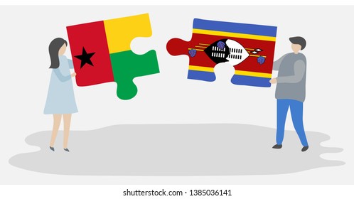 Couple holding two puzzles pieces with Bissau-Guinean and Swazi flags. Guinea-Bissau and Swaziland national symbols together.