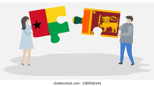 Couple holding two puzzles pieces with Bissau-Guinean and Sri Lankan flags. Guinea-Bissau and Sri Lanka national symbols together.