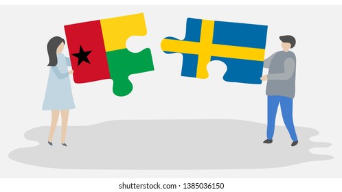 Couple holding two puzzles pieces with Bissau-Guinean and Swedish flags. Guinea-Bissau and Sweden national symbols together.