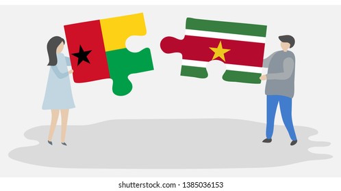 Couple holding two puzzles pieces with Bissau-Guinean and Surinamese flags. Guinea-Bissau and Suriname national symbols together.