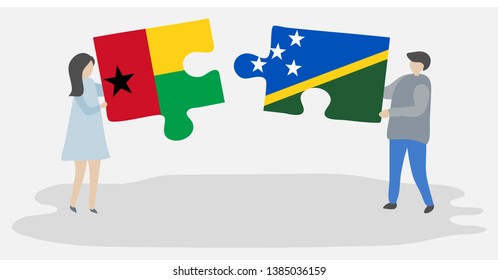 Couple holding two puzzles pieces with Bissau-Guinean and Solomon Island flags. Guinea-Bissau and Solomon Islands national symbols together.