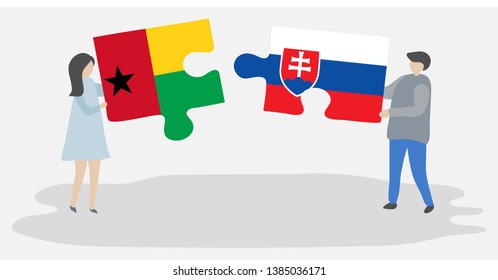 Couple holding two puzzles pieces with Bissau-Guinean and Slovak flags. Guinea-Bissau and Slovakia national symbols together.