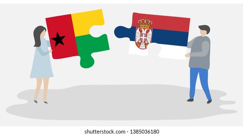 Couple holding two puzzles pieces with Bissau-Guinean and Serbian flags. Guinea-Bissau and Serbia national symbols together.