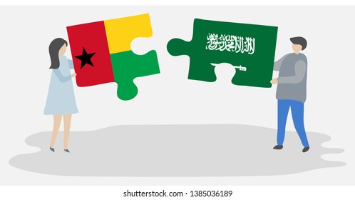 Couple holding two puzzles pieces with Bissau-Guinean and Saudi Arabian flags. Guinea-Bissau and Saudi Arabia national symbols together.