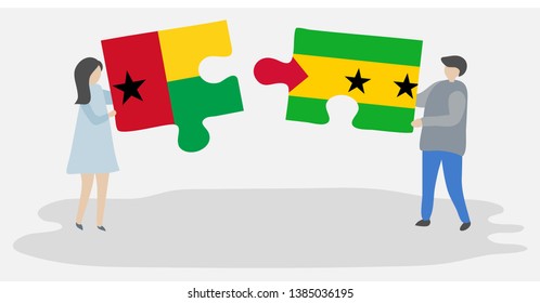 Couple holding two puzzles pieces with Bissau-Guinean and Sao Tomean flags. Guinea-Bissau and Sao Tome and Principe national symbols together.