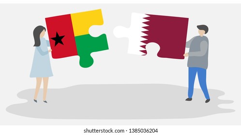 Couple holding two puzzles pieces with Bissau-Guinean and Qatari flags. Guinea-Bissau and Qatar national symbols together.