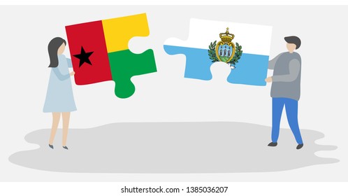 Couple holding two puzzles pieces with Bissau-Guinean and Sammarinese flags. Guinea-Bissau and San Marino national symbols together.