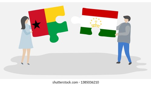 Couple holding two puzzles pieces with Bissau-Guinean and Tajikistani flags. Guinea-Bissau and Tajikistan national symbols together.
