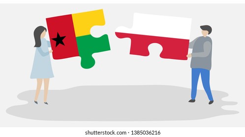 Couple holding two puzzles pieces with Bissau-Guinean and Polish flags. Guinea-Bissau and Poland national symbols together.