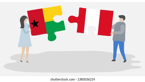 Couple holding two puzzles pieces with Bissau-Guinean and Peruvian flags. Guinea-Bissau and Peru national symbols together.