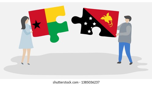Couple holding two puzzles pieces with Bissau-Guinean and Papuan flags. Guinea-Bissau and Papua New Guinea national symbols together.