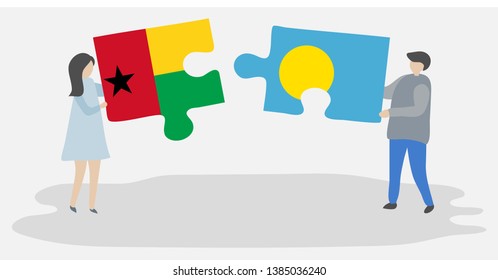 Couple holding two puzzles pieces with Bissau-Guinean and Palauan flags. Guinea-Bissau and Palau national symbols together.