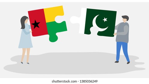 Couple holding two puzzles pieces with Bissau-Guinean and Pakistani flags. Guinea-Bissau and Pakistan national symbols together.