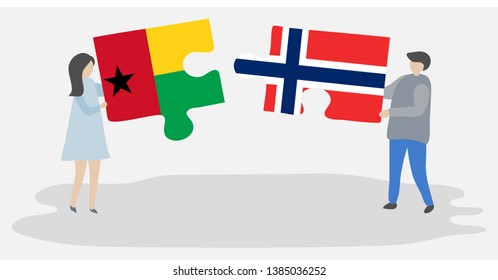 Couple holding two puzzles pieces with Bissau-Guinean and Norwegian flags. Guinea-Bissau and Norway national symbols together.