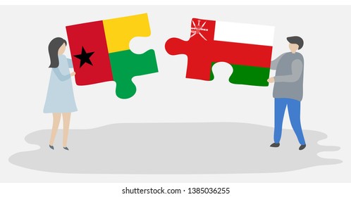 Couple holding two puzzles pieces with Bissau-Guinean and Omani flags. Guinea-Bissau and Oman national symbols together.