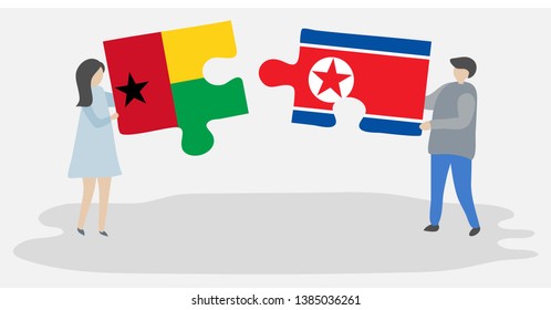Couple holding two puzzles pieces with Bissau-Guinean and North Korean flags. Guinea-Bissau and North Korea national symbols together.