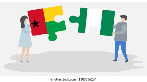 Couple holding two puzzles pieces with Bissau-Guinean and Nigerian flags. Guinea-Bissau and Nigeria national symbols together.