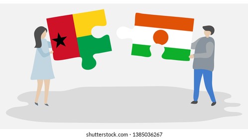 Couple holding two puzzles pieces with Bissau-Guinean and Nigerien flags. Guinea-Bissau and Niger national symbols together.